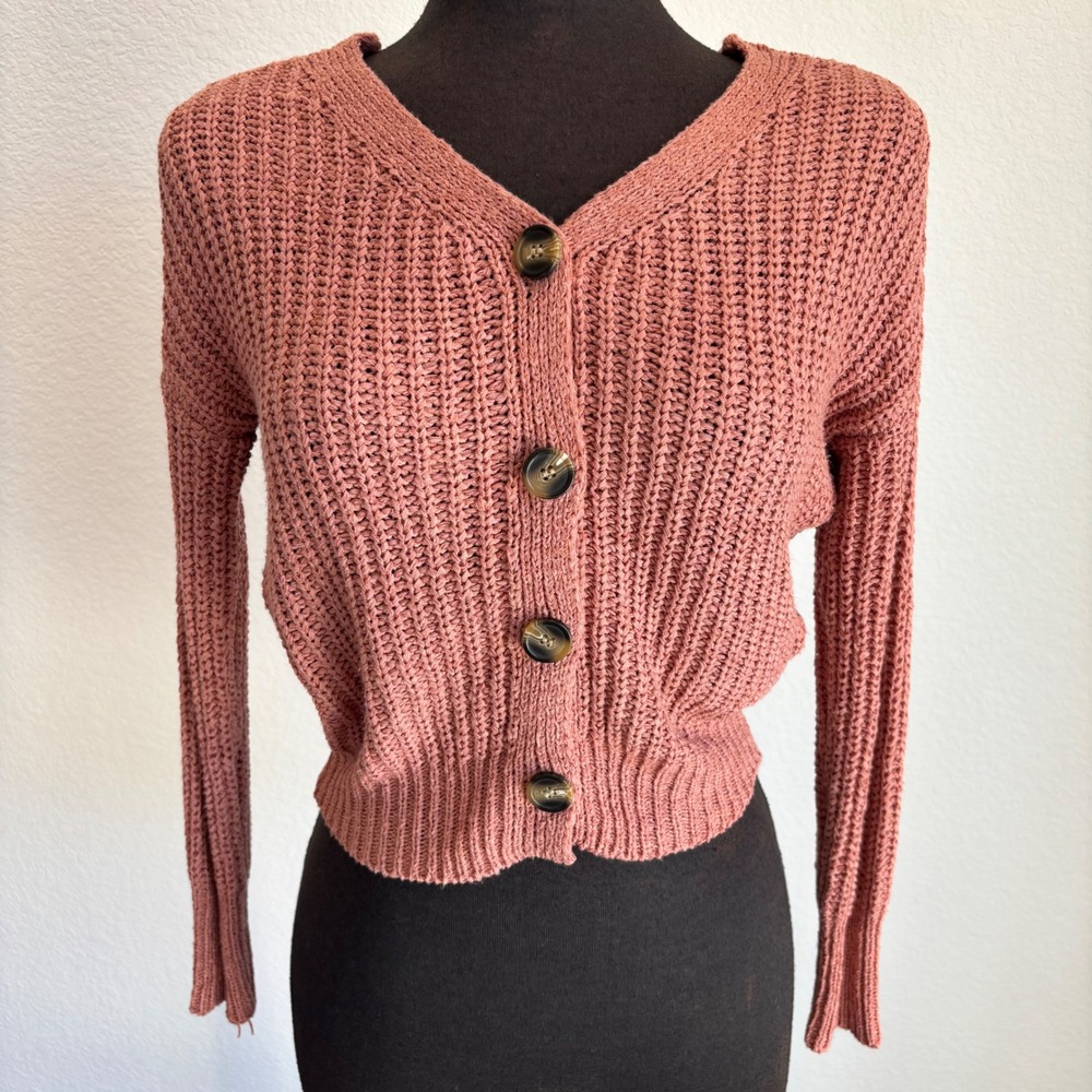Sincerely Jules Womens Cropped Chunky Knit V-Neck Cardigan Sweater Pink Small